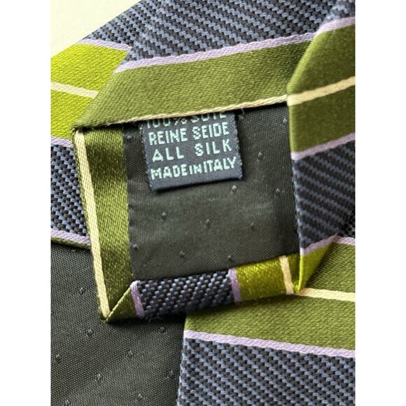 MASSIMO BIZZOCCHI Men's 100% Silk Necktie Designer Green Blue Stripe Italy Made - Picture 8 of 10